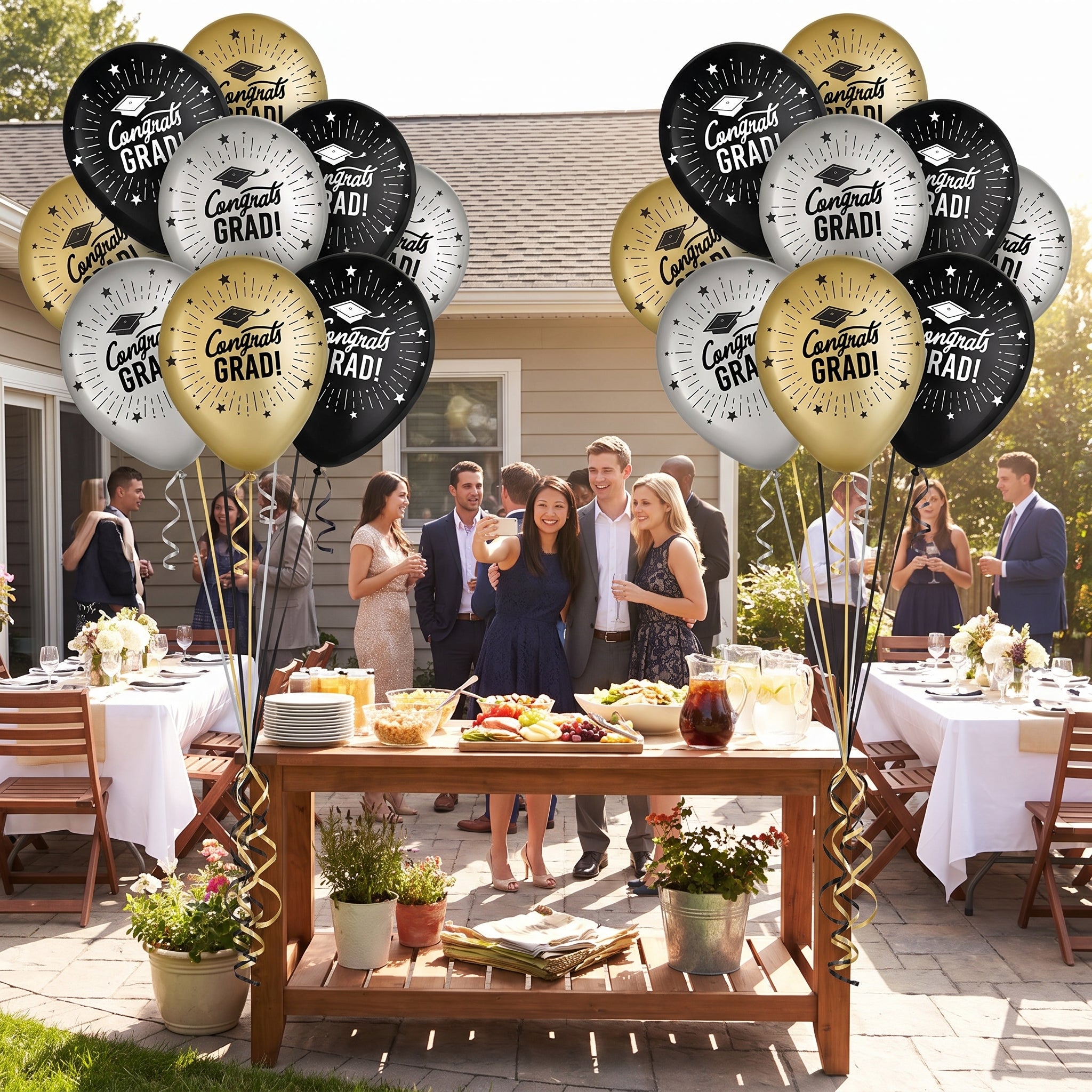 Congrats Grad Printed Latex Balloons - Black, Gold & Silver, 12-Inch, 72-Pack