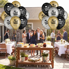 Congrats Grad Printed Latex Balloons - Black, Gold & Silver, 12-Inch, 72-Pack