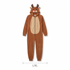 Adult Reindeer Fleece Jumpsuit with Hood - L/XL Size