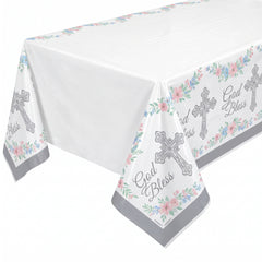 God Bless Holy Day Plastic Table Cover - 54" x 102" Reusable Decoration