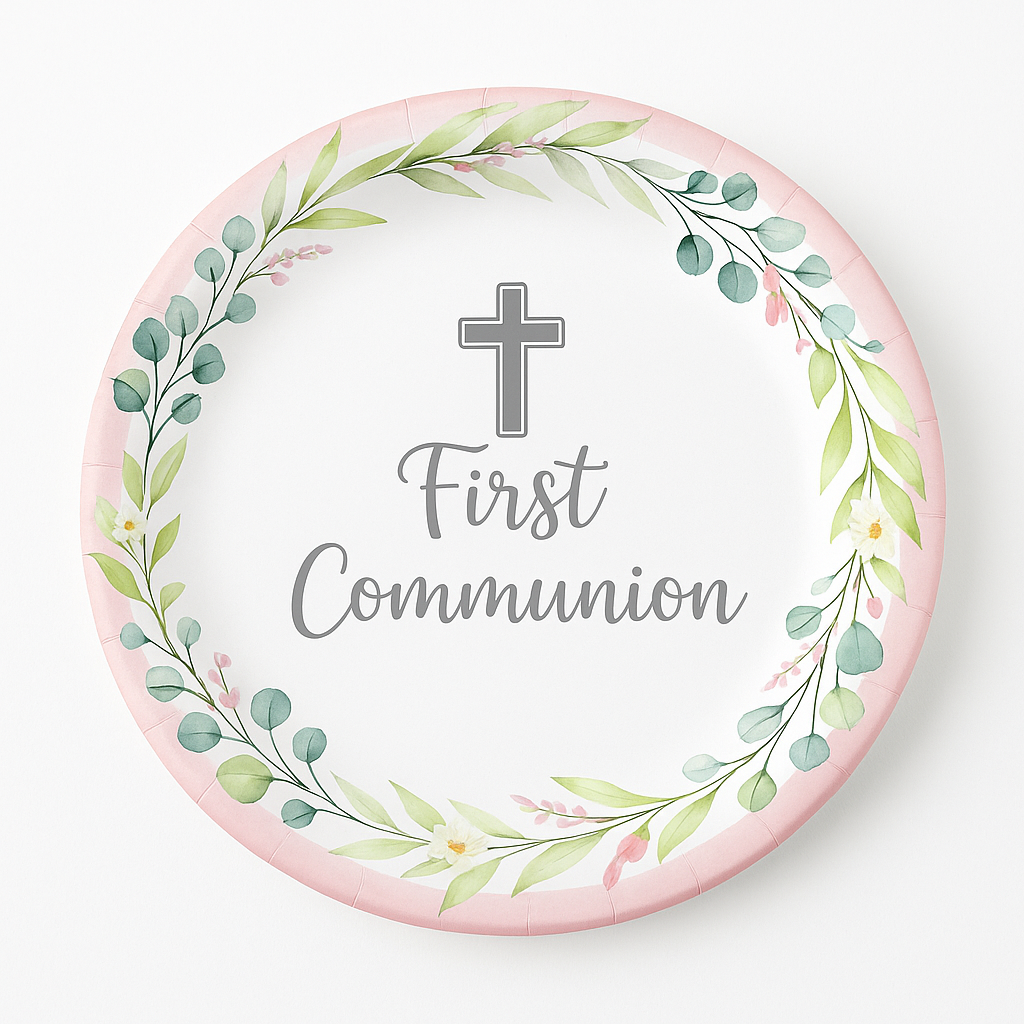 First Communion Pink and Silver Round Paper Plates, 6.75-Inch, 20-Pack