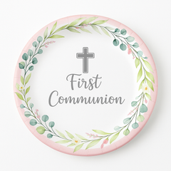 First Communion Pink and Silver Round Paper Plates, 6.75-Inch, 20-Pack