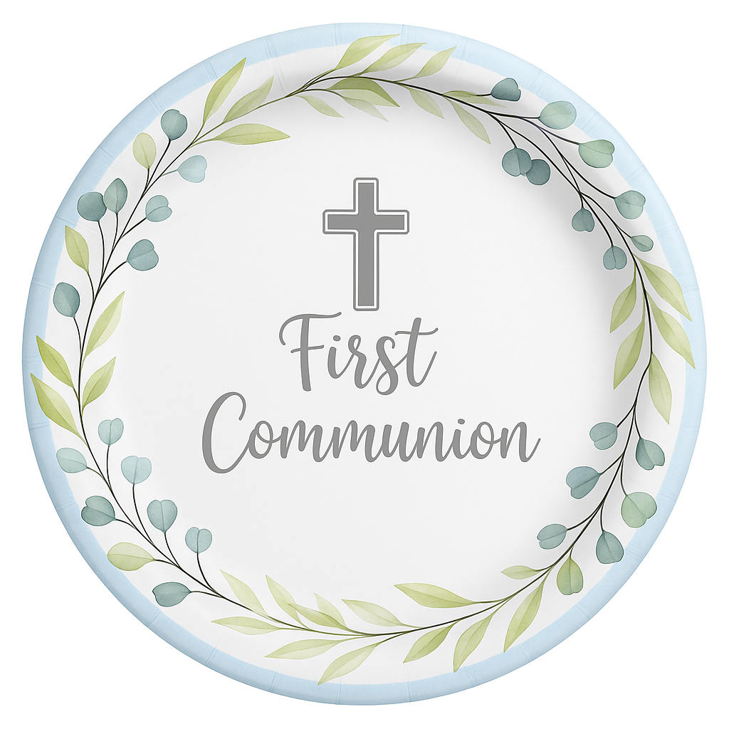 First Communion Round Paper Dessert Plates, Blue/Silver, 6.75-Inch, 20-Pack