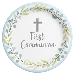 First Communion Round Paper Dessert Plates, Blue/Silver, 6.75-Inch, 20-Pack