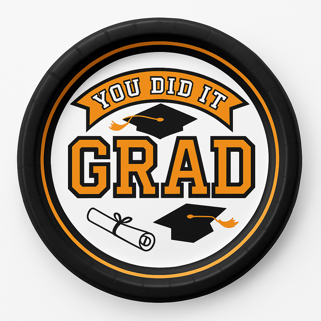 "You Did It Grad" Orange Round Paper Plates - 7-Inch, 20-Pack