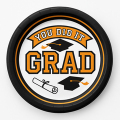 "You Did It Grad" Orange Round Paper Plates - 7-Inch, 20-Pack