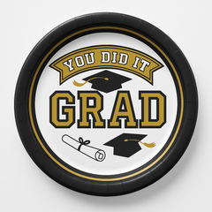 "You Did It Grad" Gold Round Paper Plates - 6.75 Inches, 20 Pack