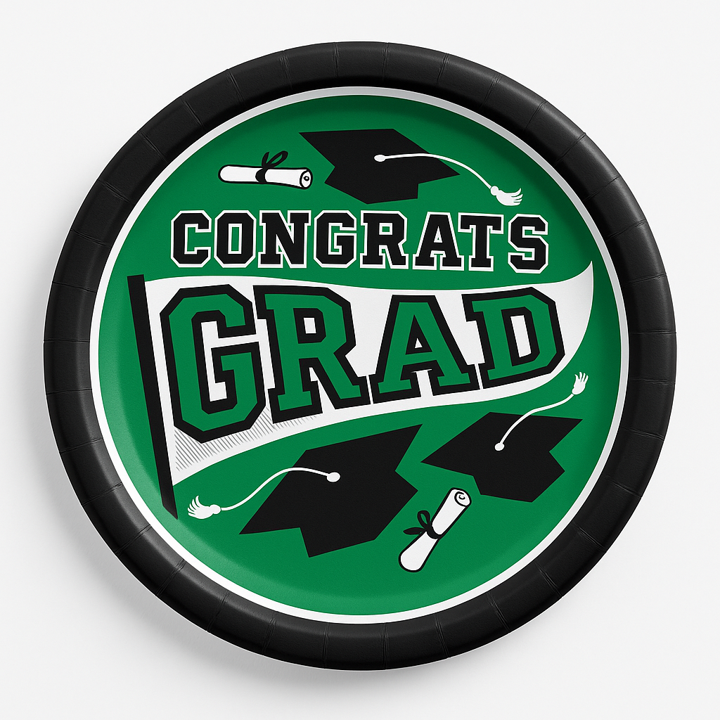 True to Your School "Congrats Grad" Green Round 8.5" Paper Plates - 20 Pack