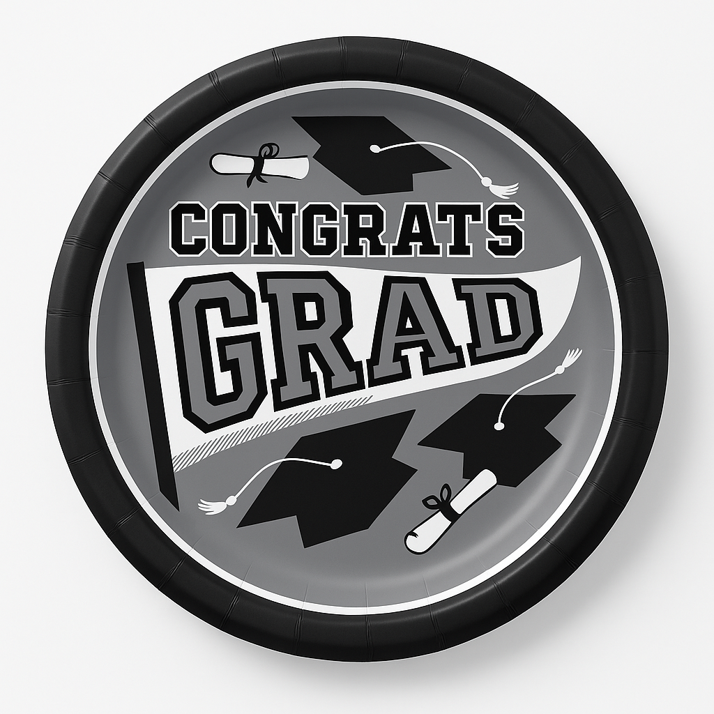 "Congrats Grad" Silver Graduation Party Plates, 8.5-Inch, 20-Pack