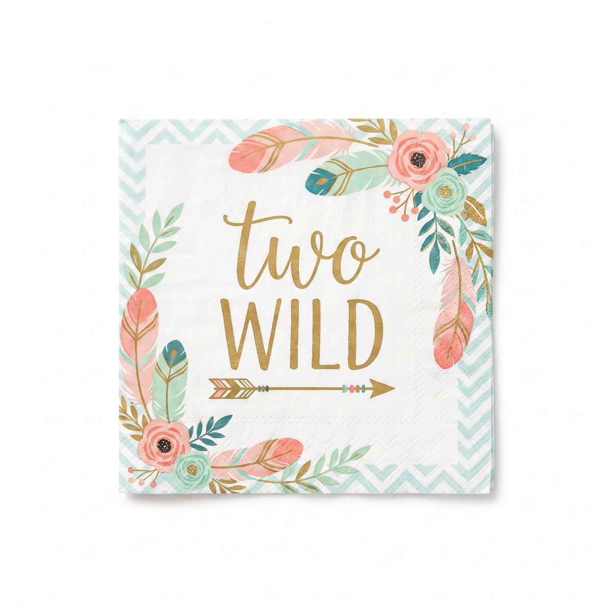 Boho Girl 2nd Birthday Party Napkins - 6.5 In. x 6.5 In. - "Two Wild" Gold Design, Pack of 16