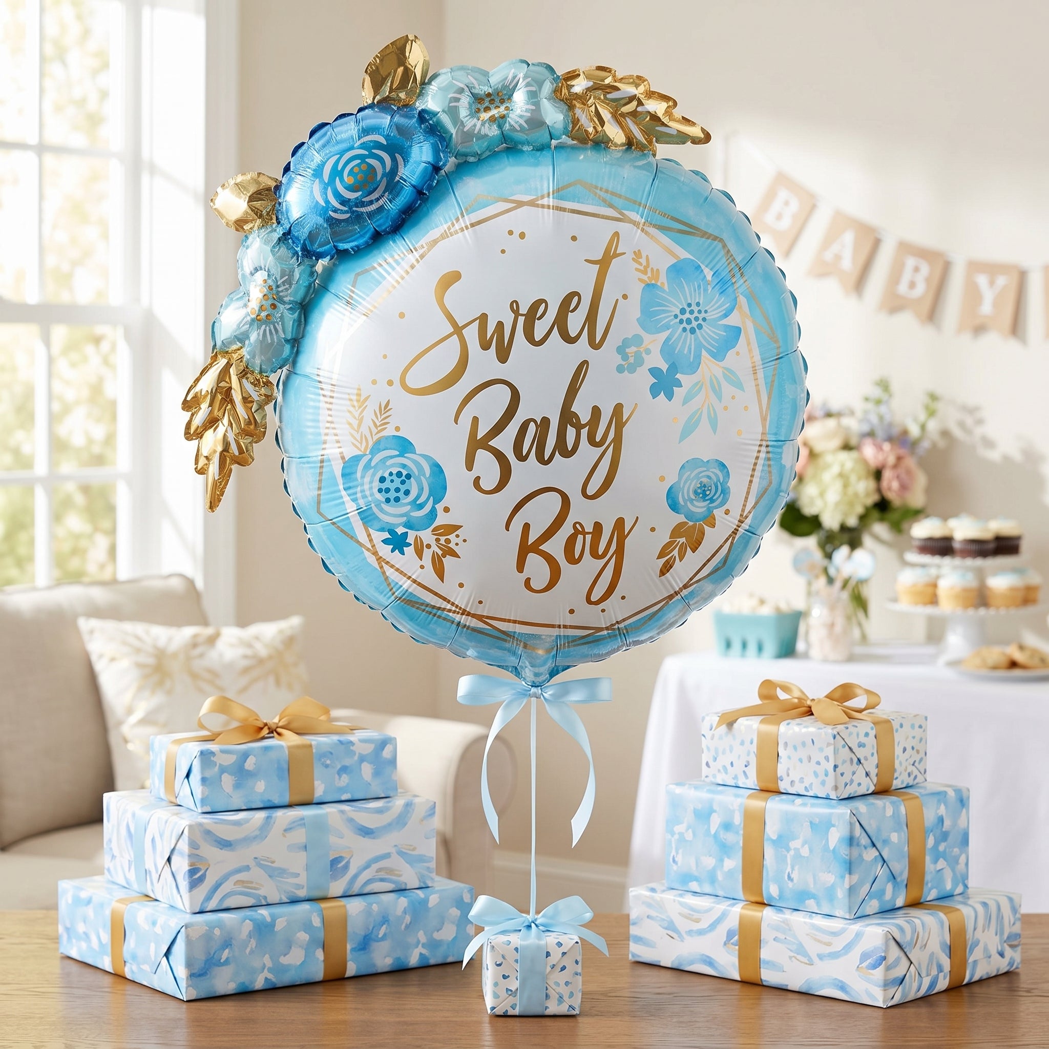 Deluxe Floral Geo Baby Boy Foil Balloon