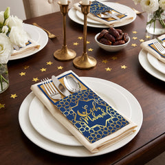 "Eid Mubarak" Cutlery Holders, Blue/Gold, 7.5-in, 12 Pack