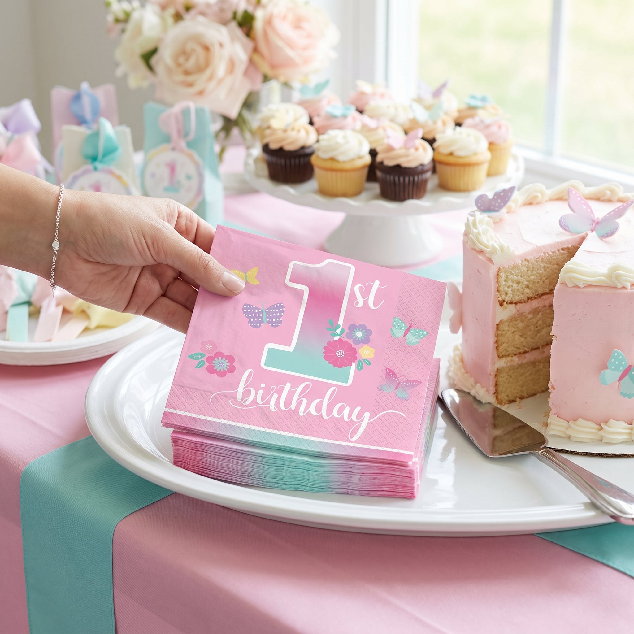 Butterfly Garden 1st Birthday Beverage Napkins - 5 In. X 5 In.