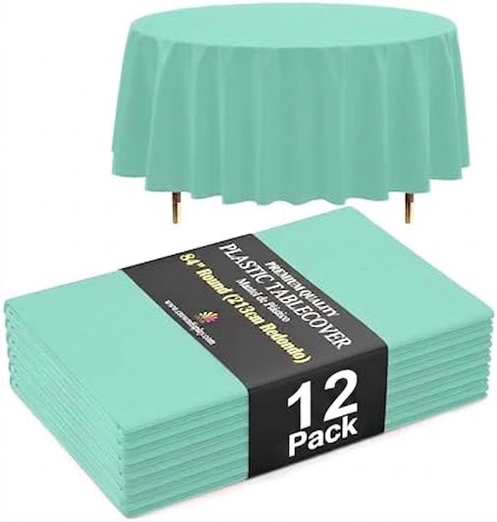 Premium Round Mint Plastic Table Covers | 12 Pack | 84 in.