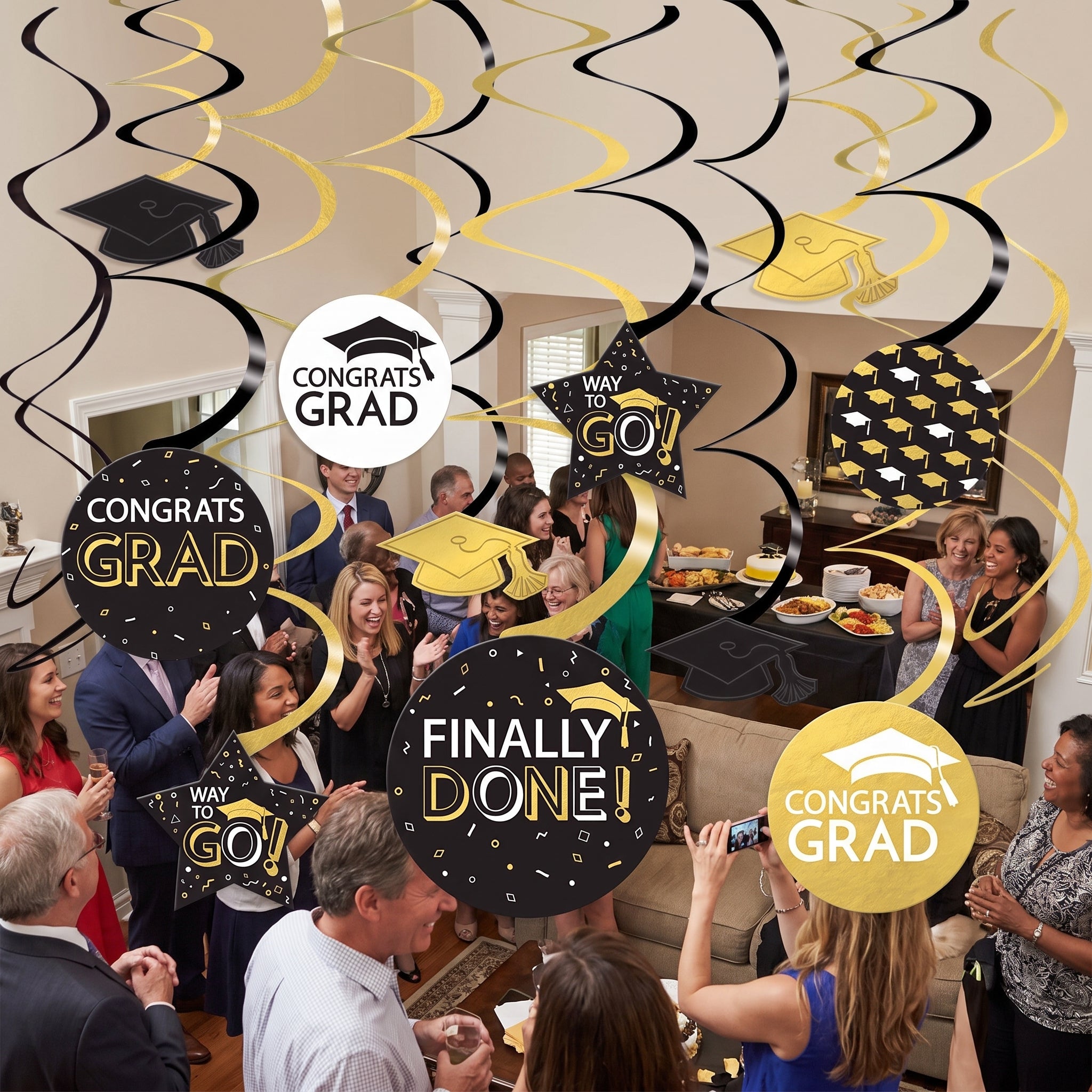 Graduation Celebration Swirl Decorations, Black/Gold, 16-Pack