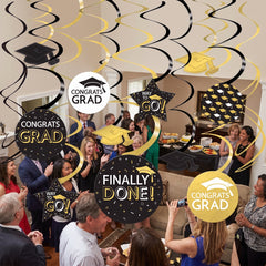 Graduation Celebration Swirl Decorations, Black/Gold, 16-Pack