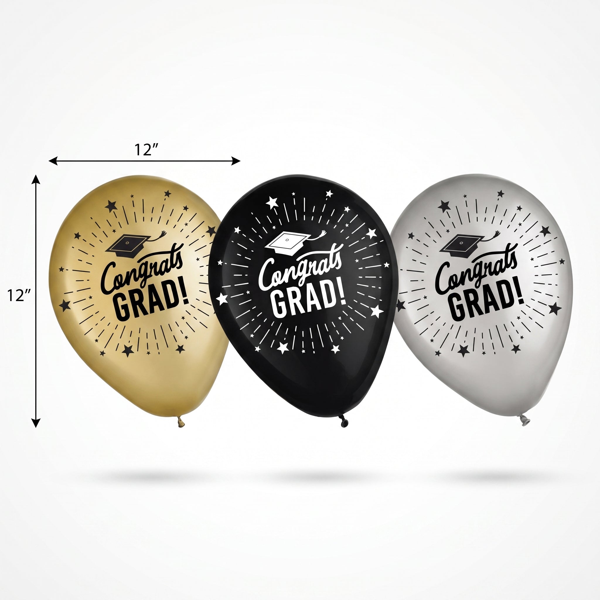 Congrats Grad Printed Latex Balloons - Black, Gold & Silver, 12-Inch, 72-Pack