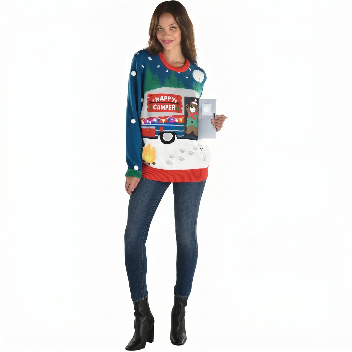Ugly Christmas Sweater Women Pullover - Light Up Happy Camper Interactive Holiday Sweater with LED Lights, Bear Flap, 3D Details - Adult S/M