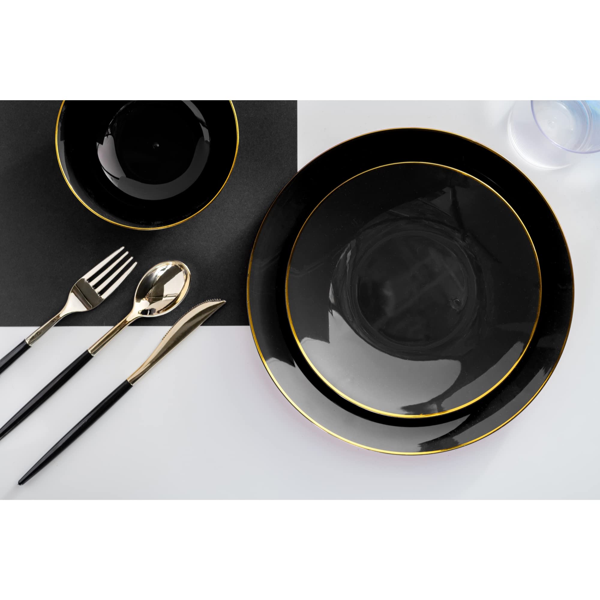 8 In. Black & Gold Rim Design Plastic Plates | 120 Count