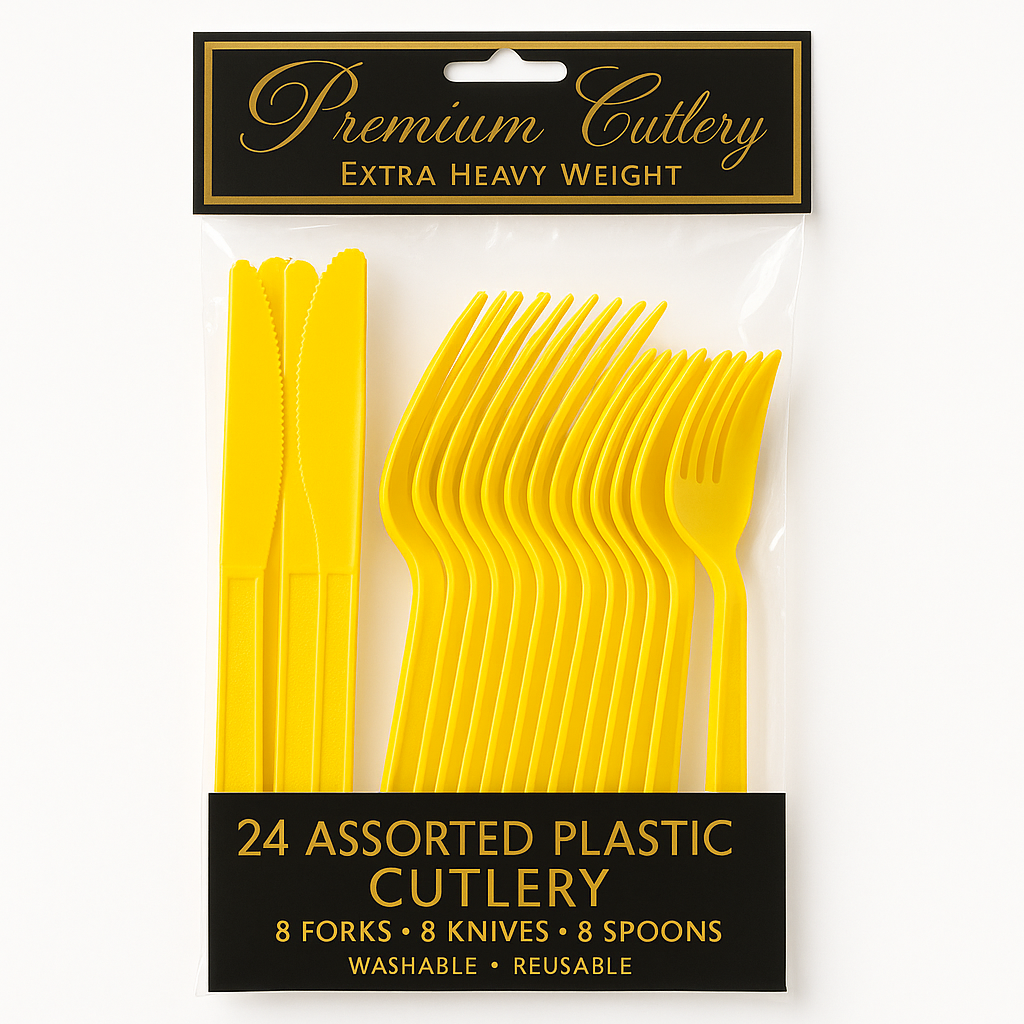 Sunshine Yellow Heavyweight Plastic Cutlery Set - 24 Pack