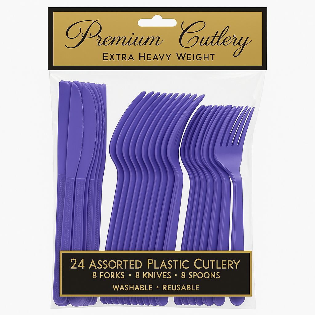 Purple Heavyweight Plastic Cutlery Set - 24 Count