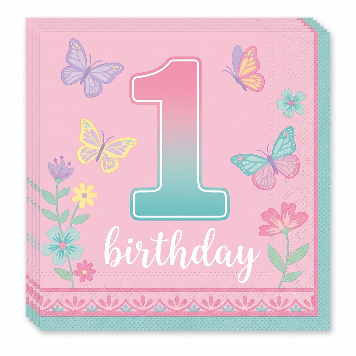 Butterfly Garden 1st Birthday Lunch Napkins - 6.5 In. x 6.5 In.