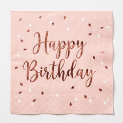 Blush Birthday Beverage Napkins with Rose Gold "Happy Birthday" Design, 12-Pack - 5 In. X 5 In.