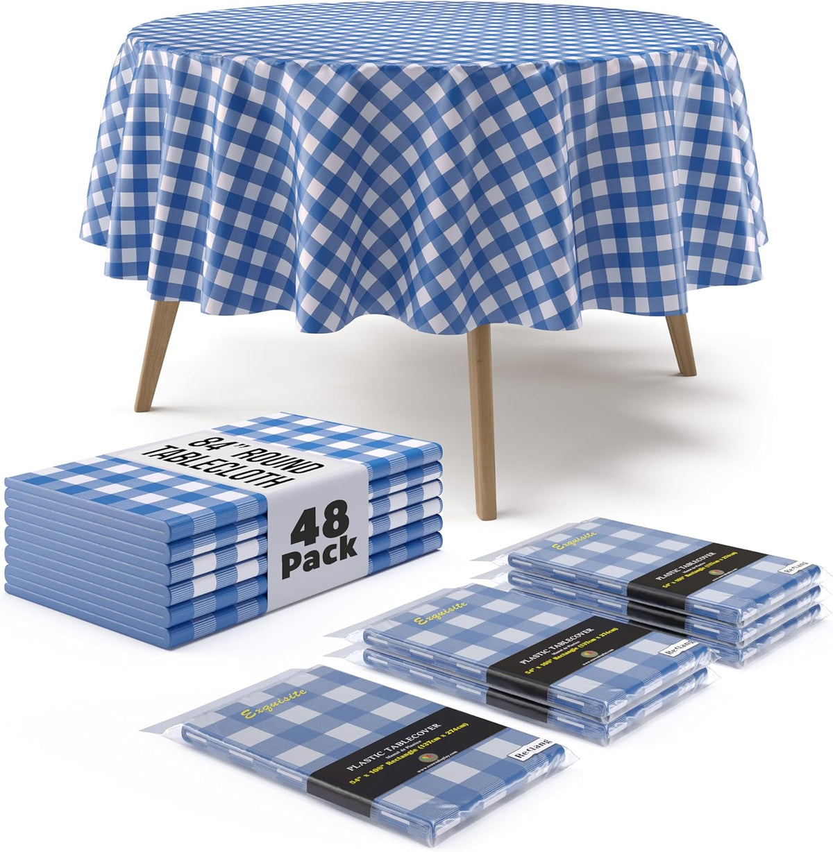 Round Blue Gingham Plastic Table Cover | Case of 48
