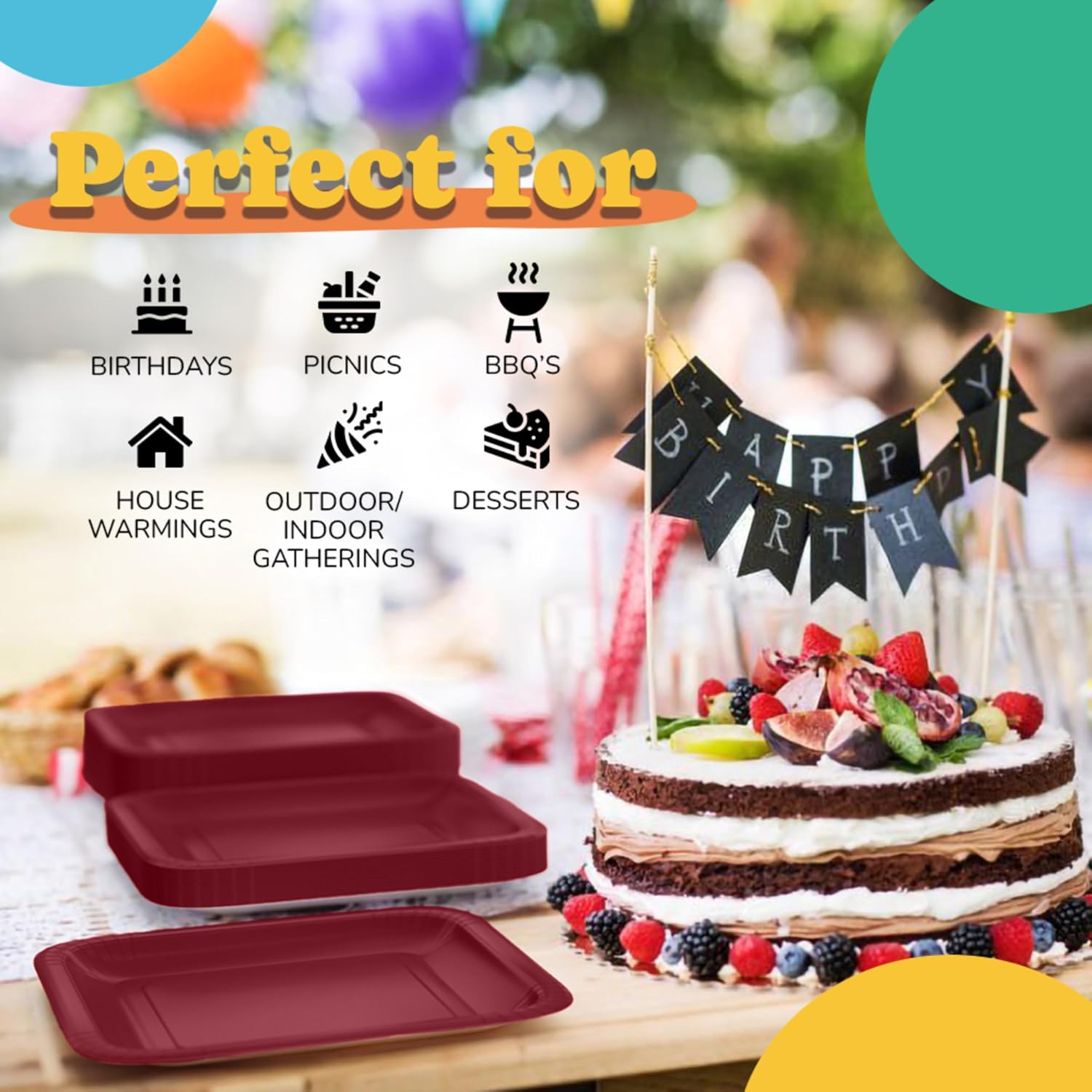 9 In. Burgundy Square Paper Plates - 50 Ct.