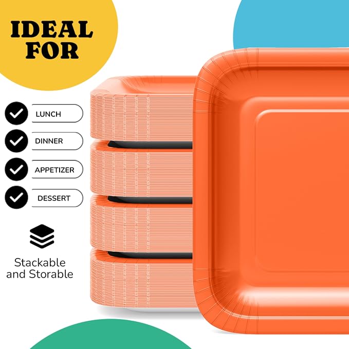 7 In. Orange Square Paper Plates - 50 Ct.