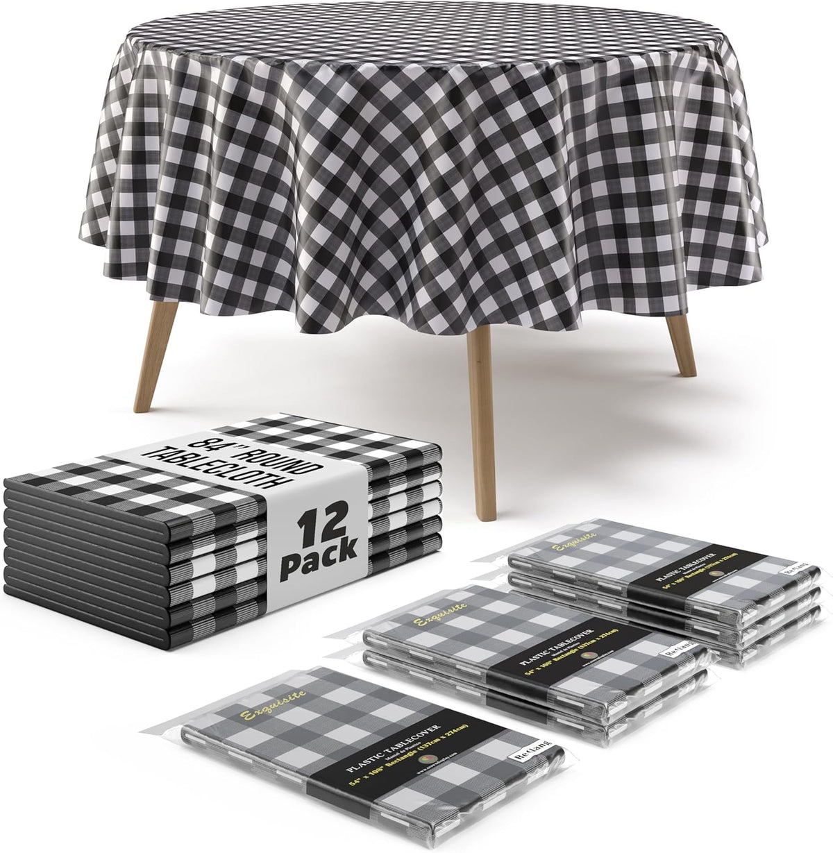 Round Black Gingham Plastic Table Covers | 12 Pack