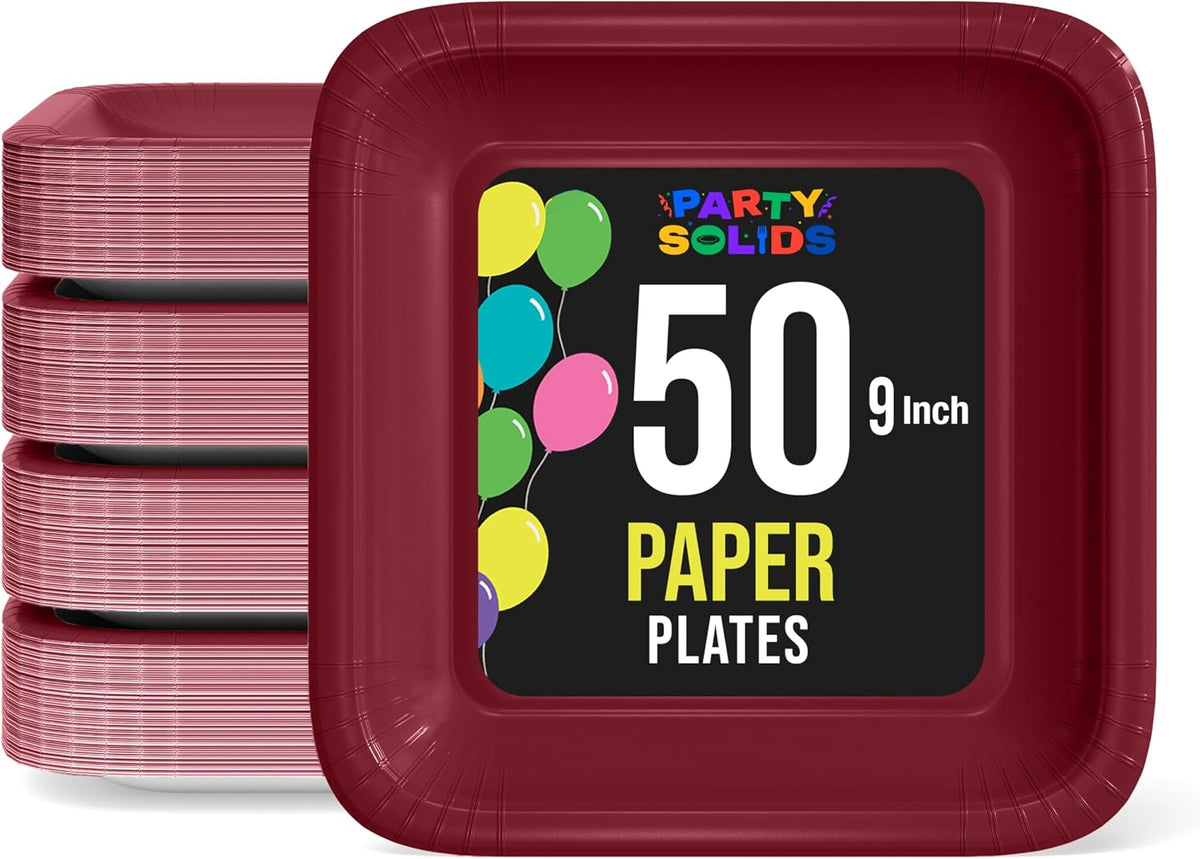 9 In. Burgundy Square Paper Plates - 50 Ct.