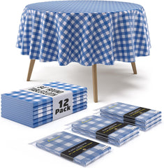 Round Blue Gingham Plastic Table Covers | 12 Pack
