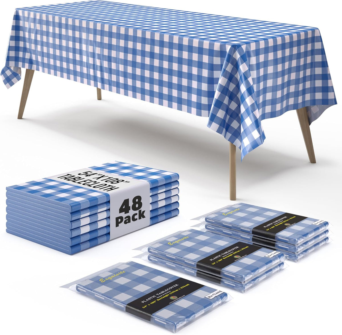 Blue Gingham Plastic Table Cover | Case of 48 - 54 In. x 108 In.