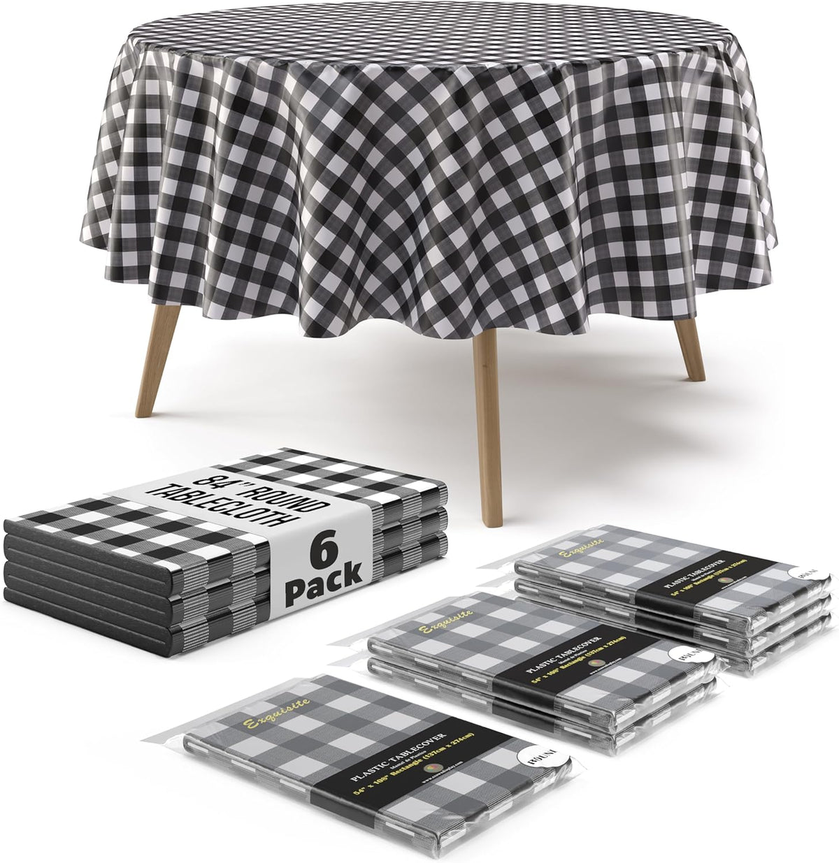 Round Black Gingham Plastic Table Covers | 6 Pack