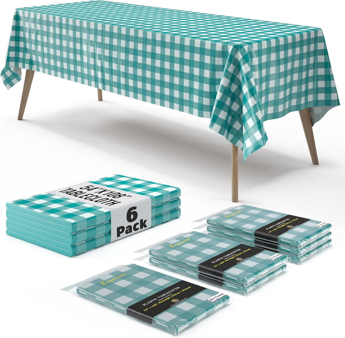 Teal Gingham Plastic Table Covers | 6 Pack - 54 In. x 108 In.