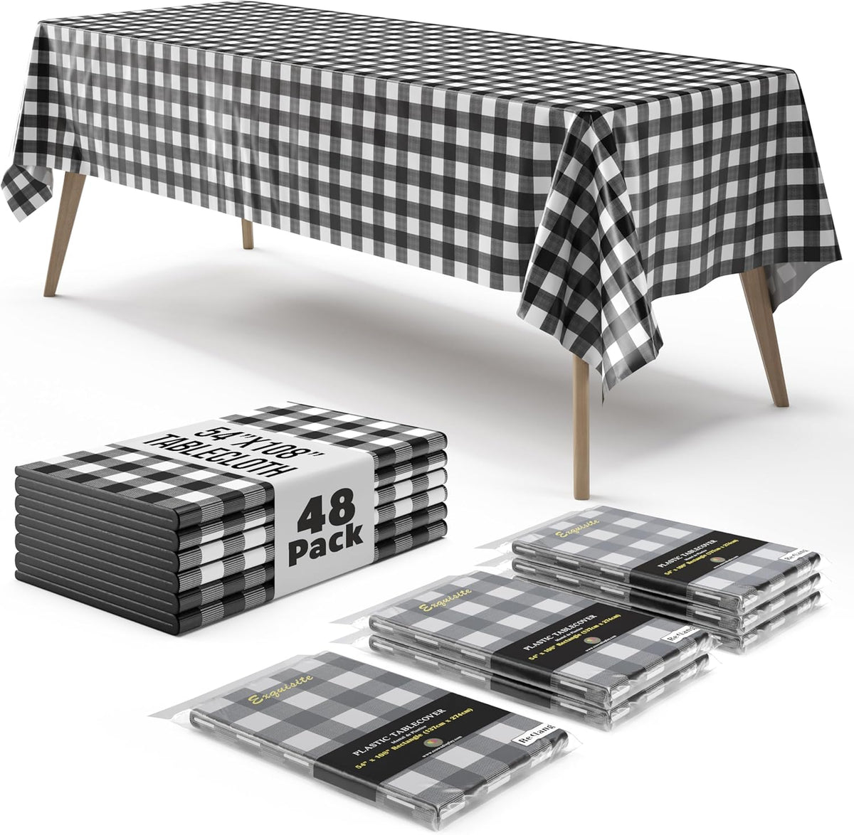 Black Gingham Plastic Table Cover | Case of 48 - 54 In. x 108 In.