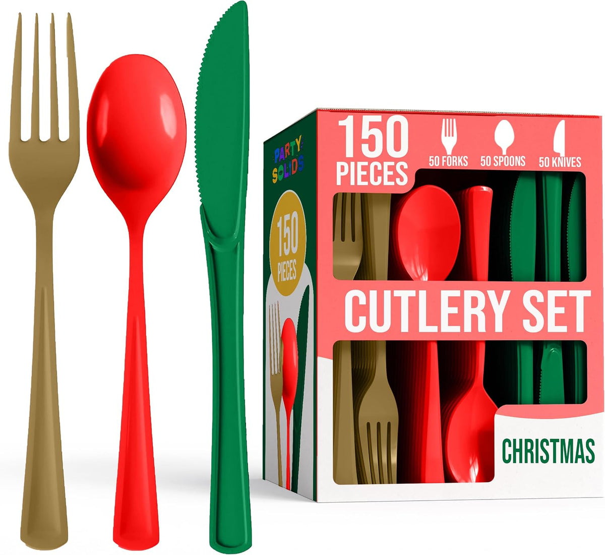 150 Pc. Christmas Plastic Cutlery Combo Set | Red & Green