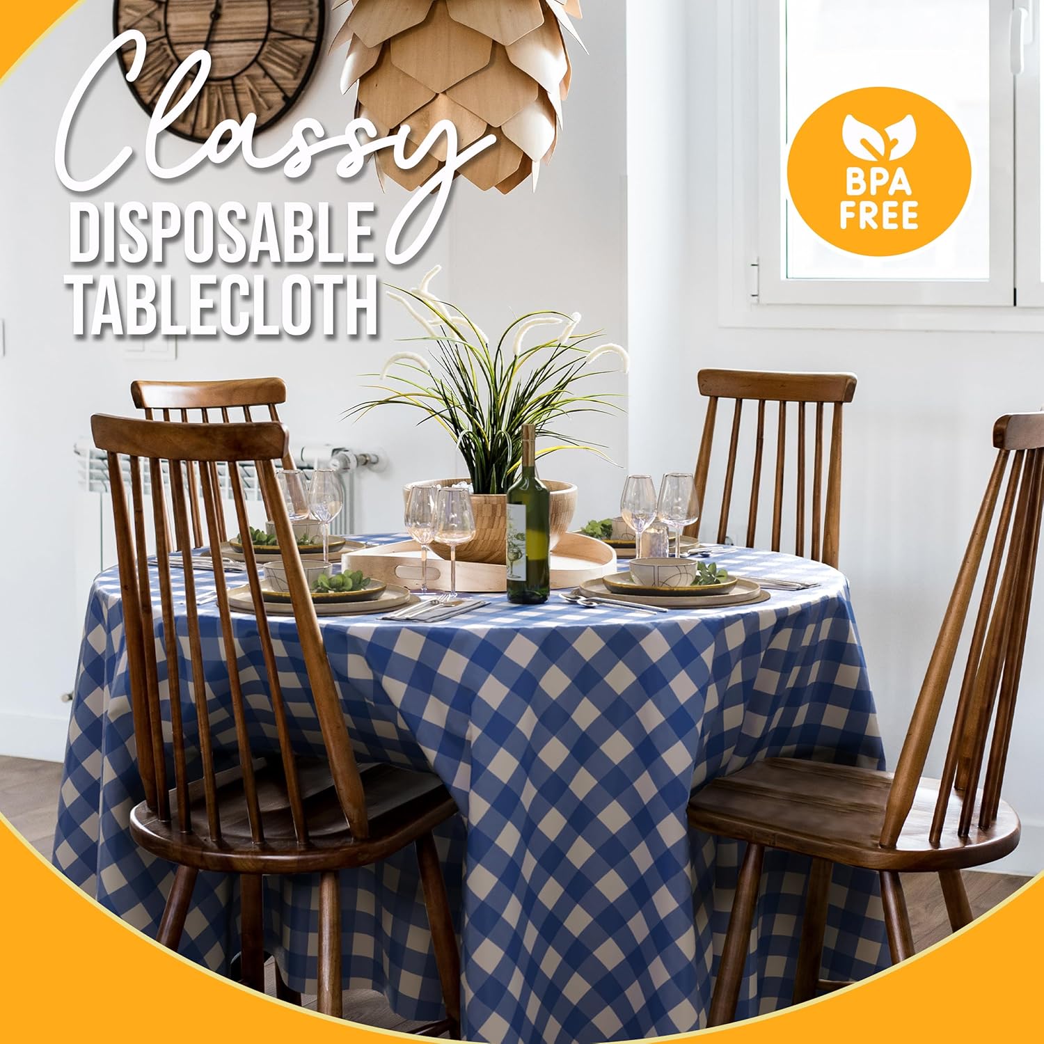 Round Blue Gingham Plastic Table Covers | 6 Pack