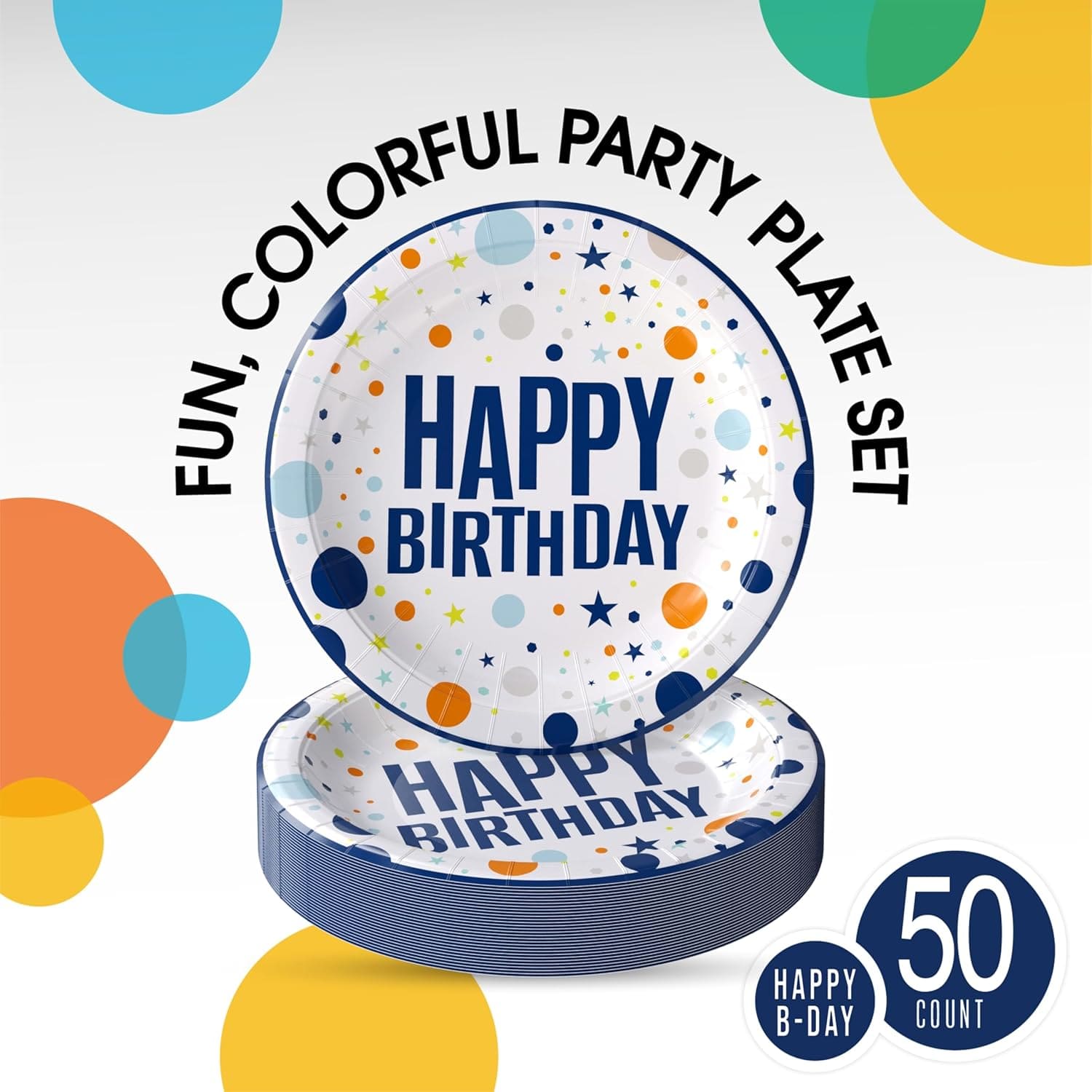 7 In. Blue Birthday Print Paper Plates - 50 Ct.