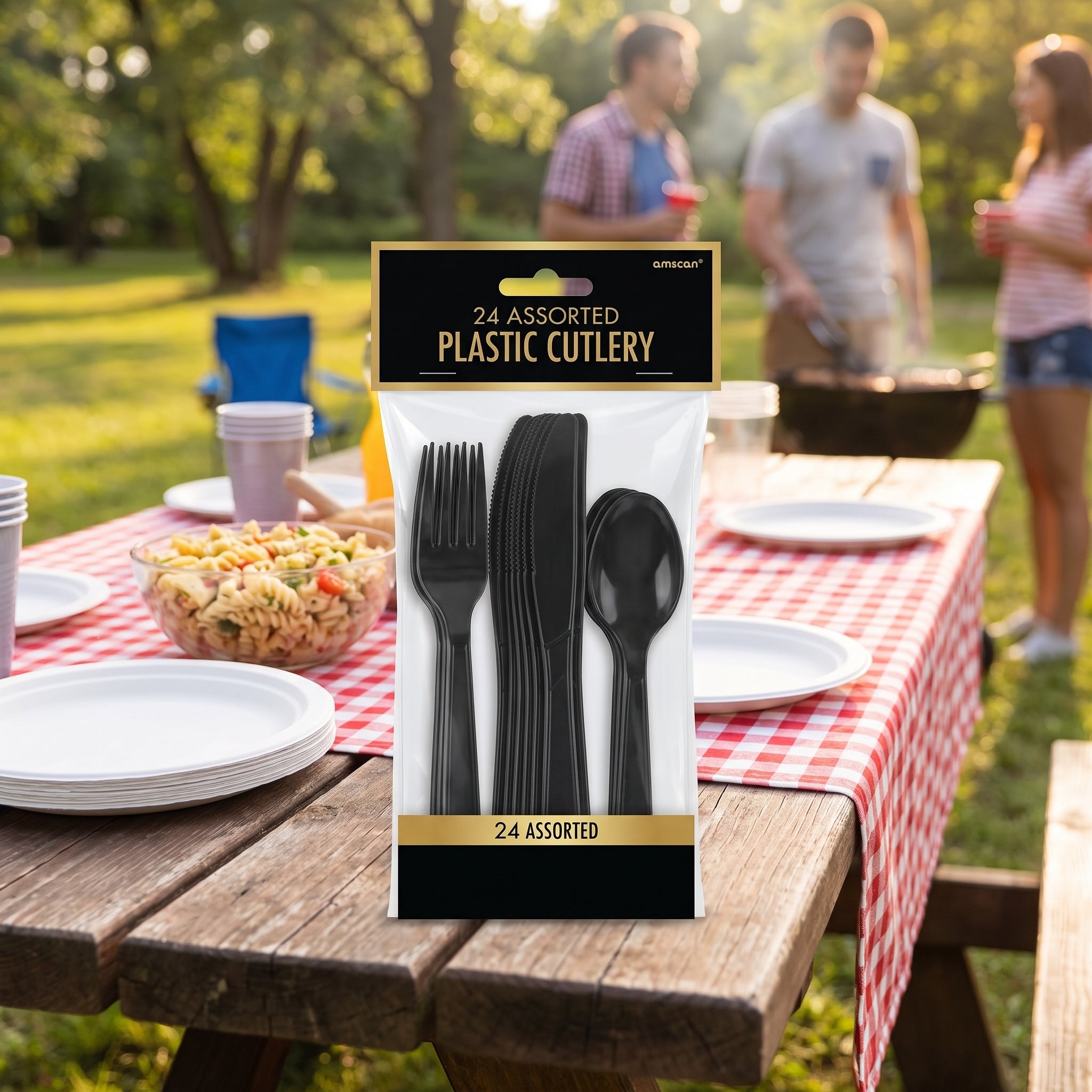 Jet Black Assorted Plastic Cutlery Set - 24 Pieces - 7.5 in.