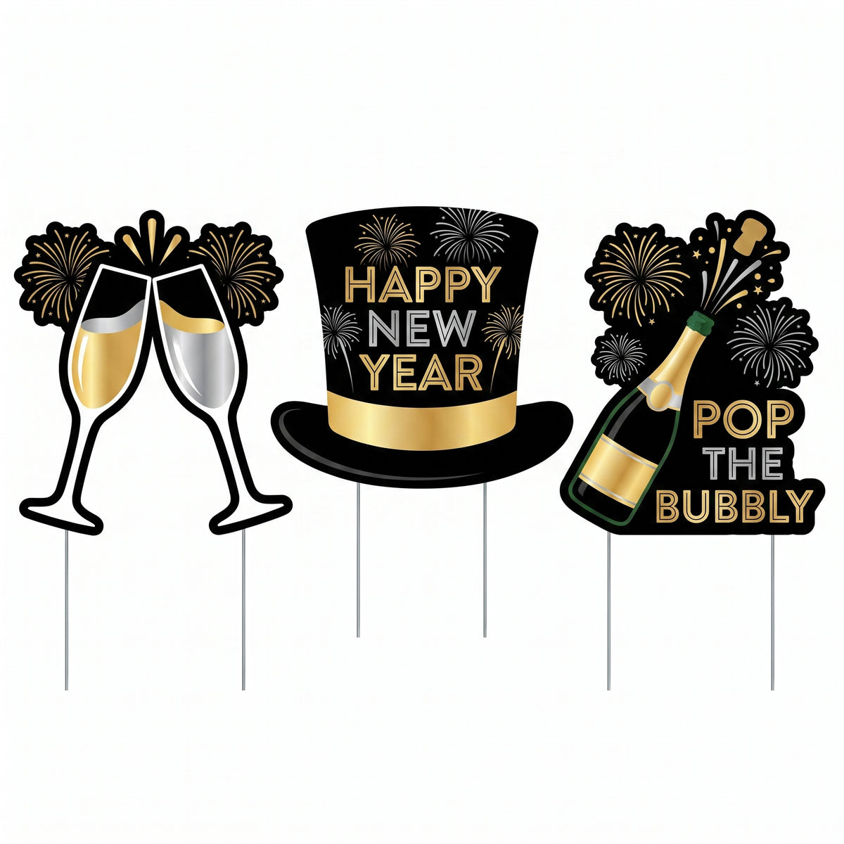 Festive Happy New Year Yard Sign Set 15" - 17.7"