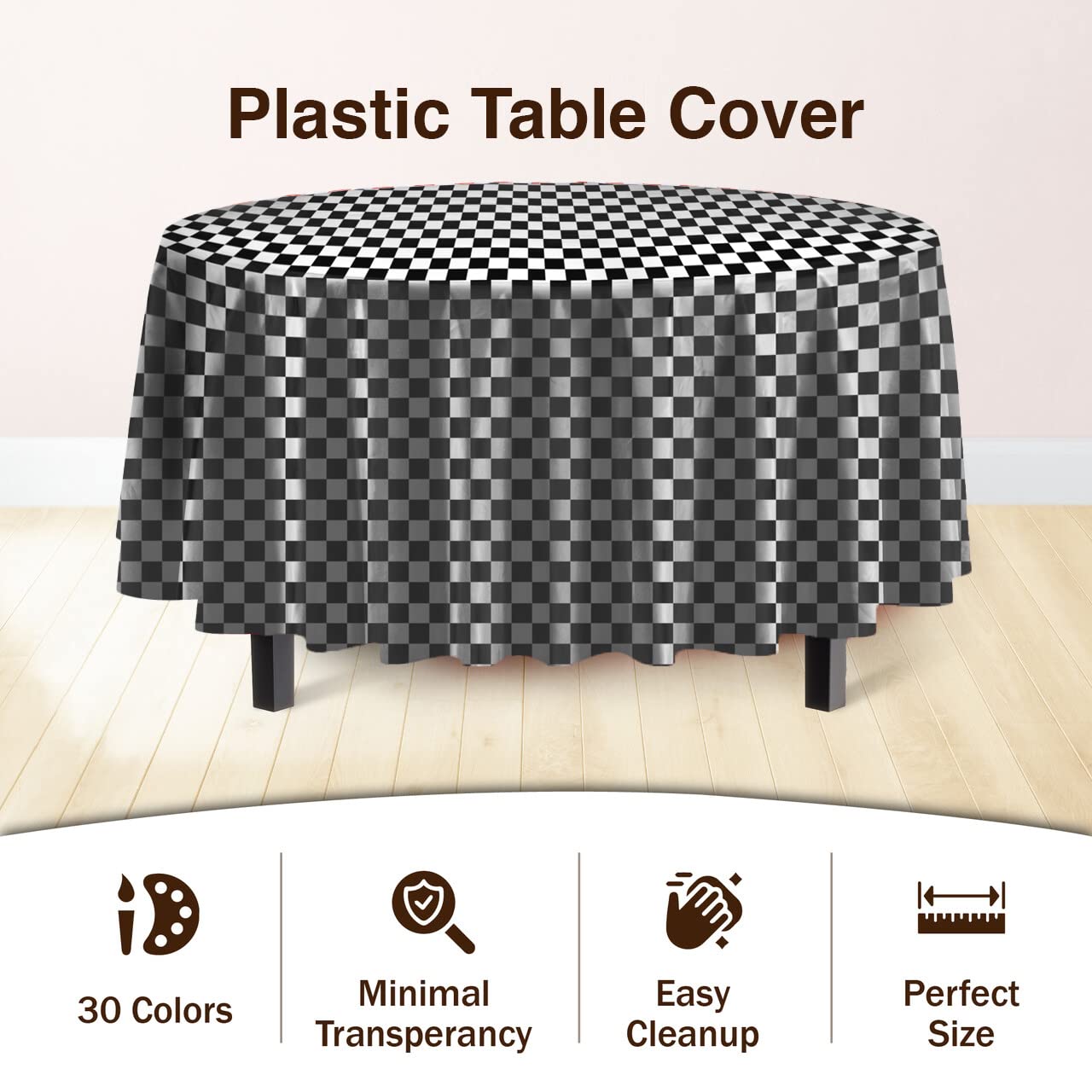 Round Black/White Checkered Plastic Table Covers | 6 Pack