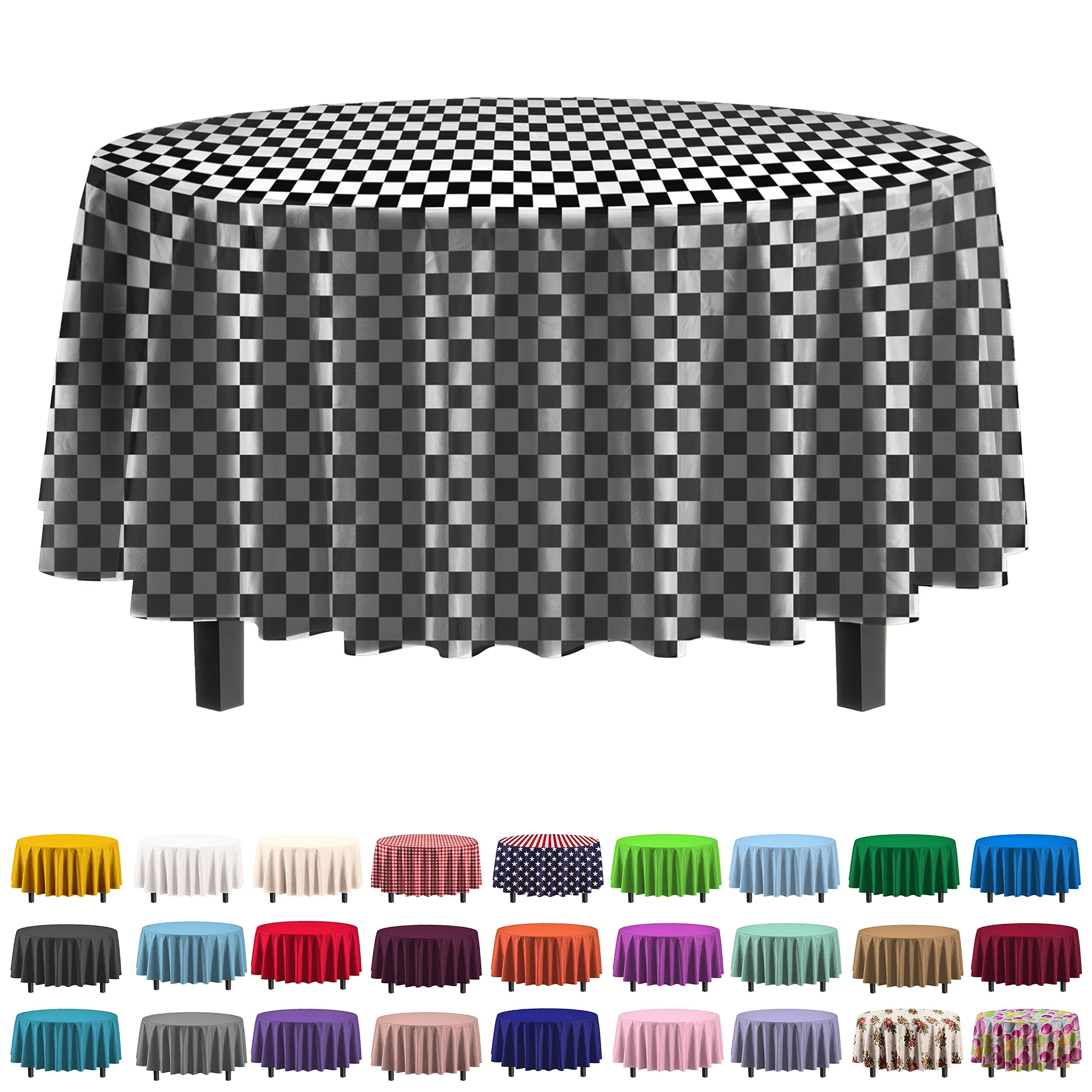 Round Black/White Checkered Plastic Table Covers | 6 Pack