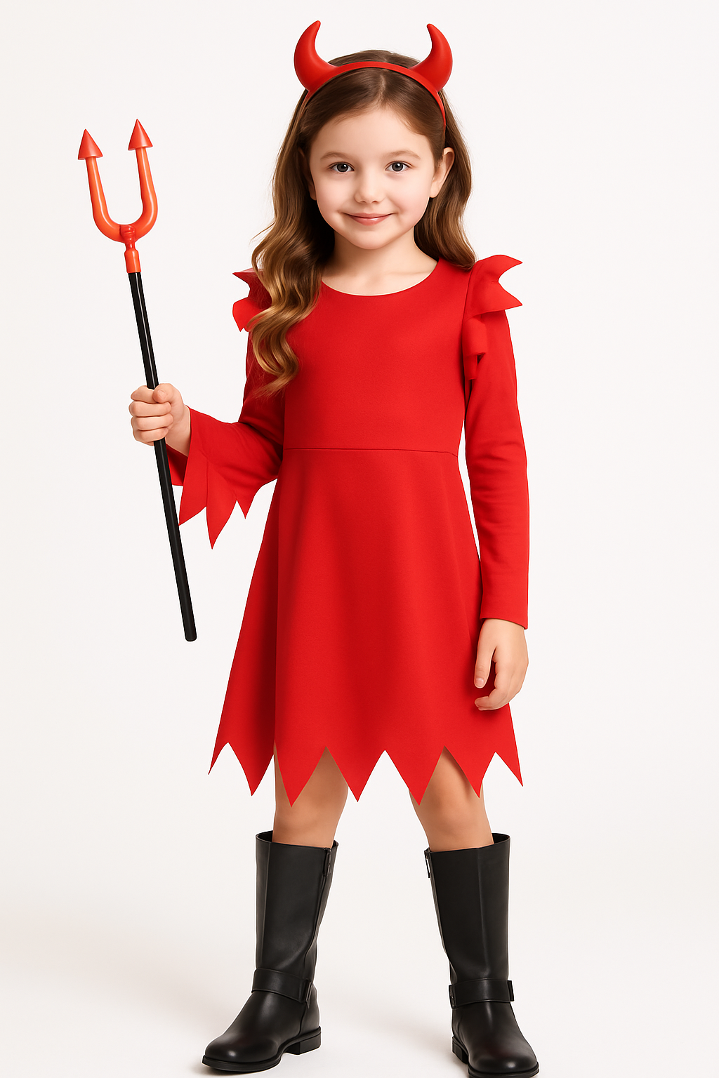 Devious Devil Kids' Halloween Costume with Horns & Red Dress