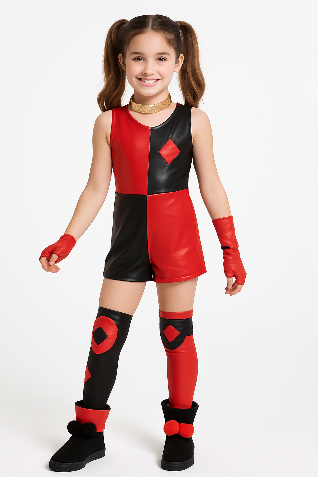 Kids' DC Birds of Prey Harley Quinn Red/Black Jumpsuit with Necklace/Gloves/Leg Warmers Halloween Costume, Assorted Sizes