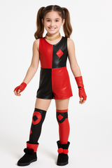 Kids' DC Birds of Prey Harley Quinn Red/Black Jumpsuit with Necklace/Gloves/Leg Warmers Halloween Costume, Assorted Sizes