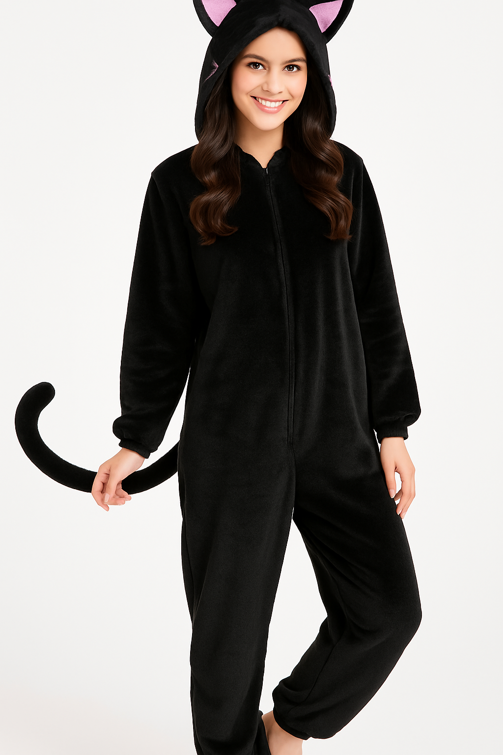 Cozy Black Cat Zipster Halloween Costume for Adults S/M