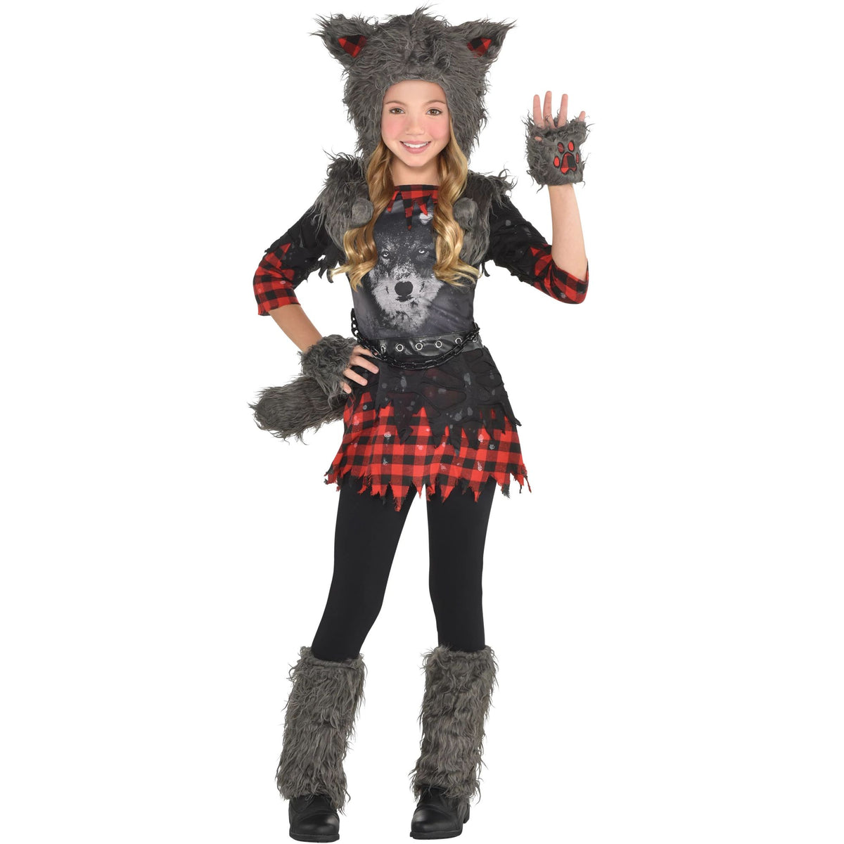 Kids' She-Wolf Halloween Costume with Faux Fur and Plaid Accents