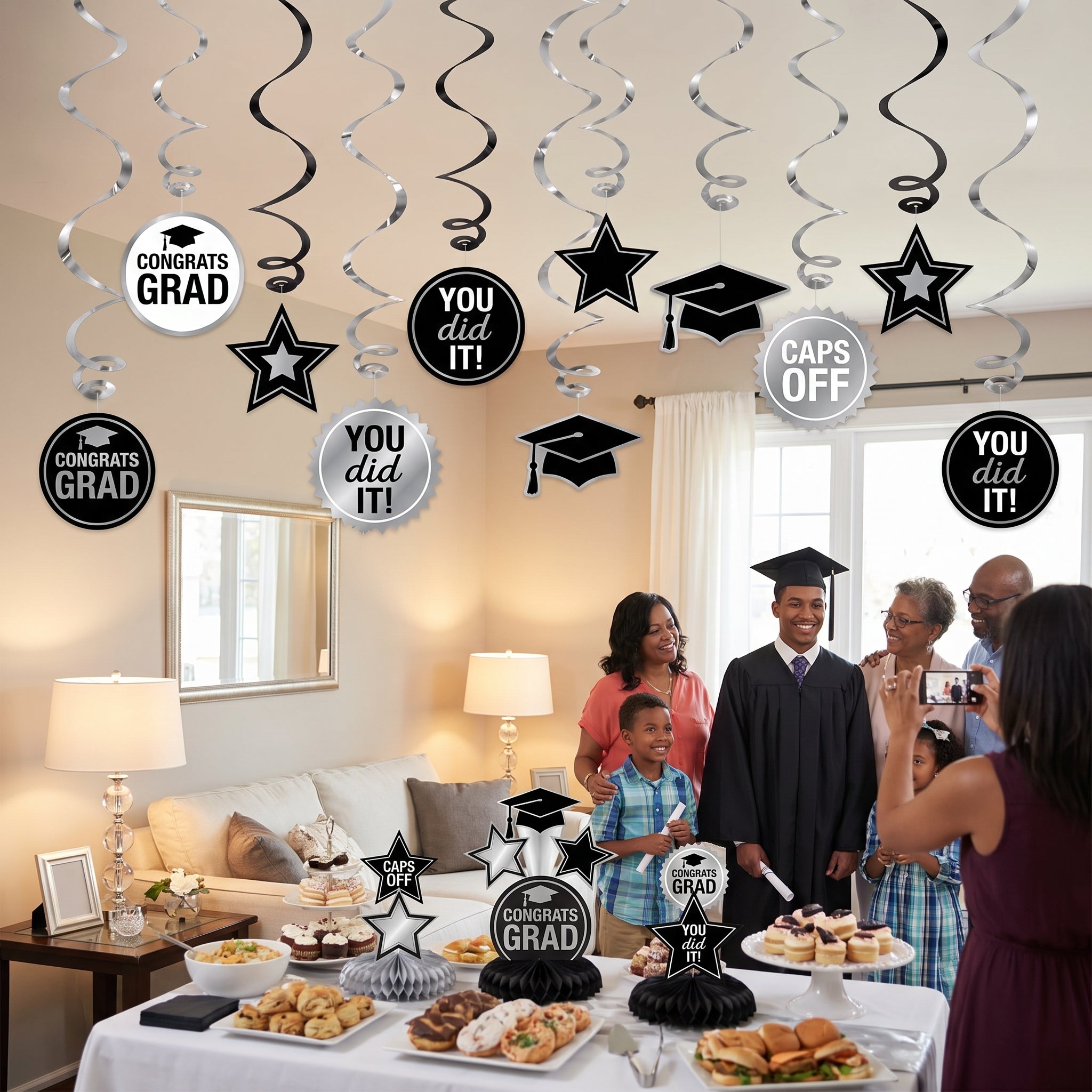 White Graduation Spiral Decorations Value Pack, 12-Pack
